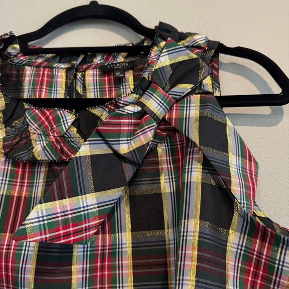 Talbots Tartan Plaid Metallic Sleeveless Top Bow Accent Holiday Festive L Petite - Picture 4 of 7